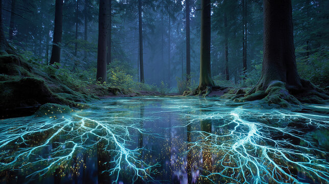 A magical forest with a glowing mycorrhizal network connecting the roots of trees, a metaphor for synergy.