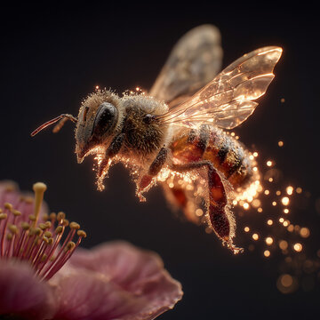 A glowing bee transfers pollen between flowers, a macro shot symbolizing synergistic cross-pollination.