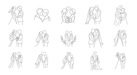 Obraz premium Collection of minimalist line art illustrations depicting various romantic poses of wedding couples, symbolizing love and partnership.