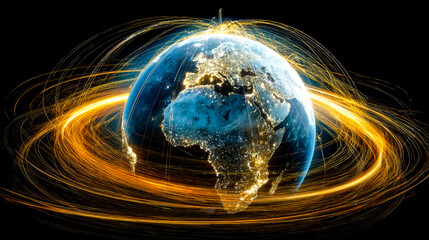 Digital depiction of Earth surrounded by glowing energy trails highlighting global connectivity and technological innovation