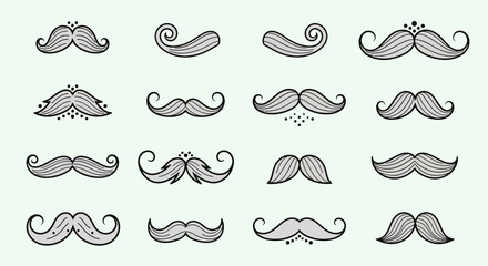 A collection of sixteen different mustache styles illustrated in a black and white vector format on a light green background.