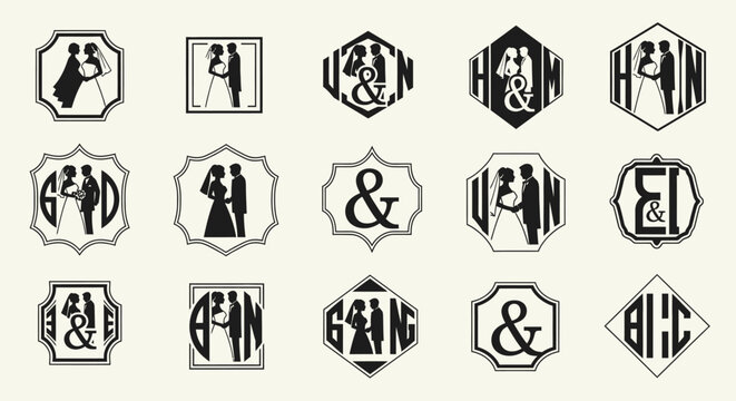 Collection of wedding monograms featuring silhouettes of couples and initials within decorative frames.