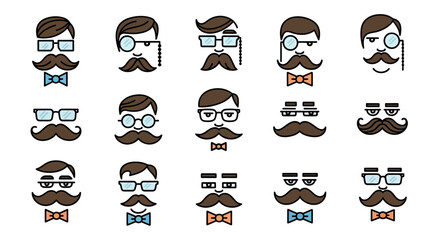 Collection of cartoon faces with mustaches, glasses, and bow ties, showcasing various styles and expressions.