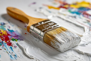 Fototapeta premium A paintbrush coated with thick white paint resting on a canvas with vibrant colorful paint smudges showcasing artistic creativity and texture