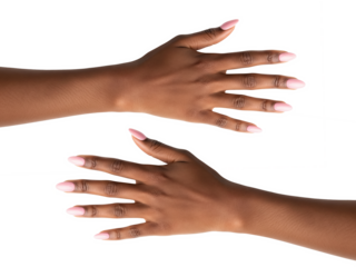 Two woman hands extended gracefully with open fingers, displaying symmetry, elegance, expression, movement, connection. display mockup for nails, jewelry and watches.