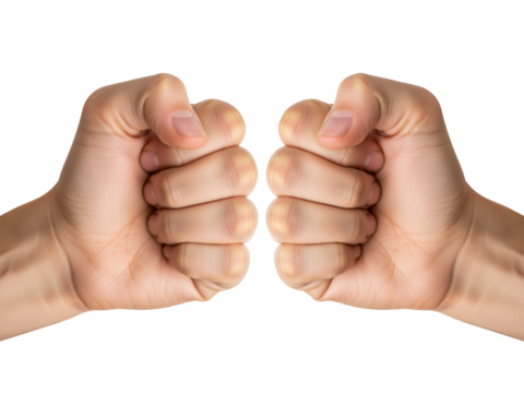 Man hands making a closed fist gesture isolated on transparent background representing strength and determination