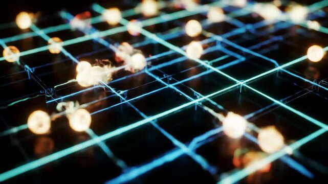 Futuristic Technology network grid with glowing nodes, digital data transfer and communication.