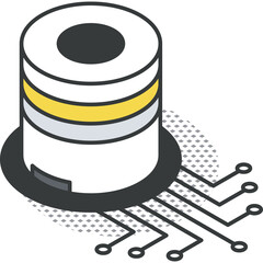 Isometric illustration of a cylindrical database symbol with circuit board elements on a transparent background
