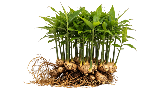 Ginger plant with rhizomes and green shoots, isolated on transparent background