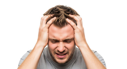 Man holding his head in pain, isolated on transparent background