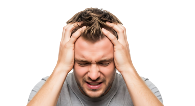 Man holding his head in pain, isolated on transparent background