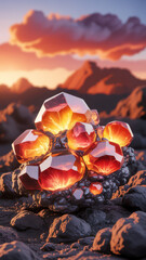 Glowing red crystals cluster on dark rocks with fiery orange light and sunset sky mineral stone
