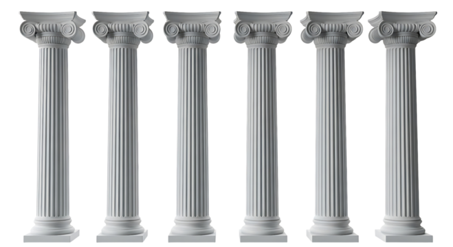 Six ancient greek columns isolated on transparent background