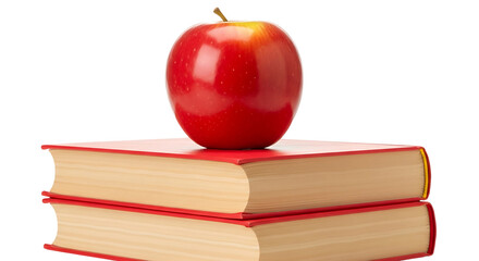 A single red apple resting on top of two stacked red books, isolated on transparent background