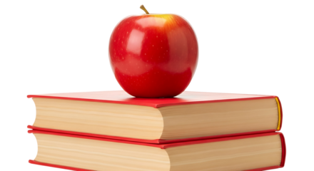 A single red apple resting on top of two stacked red books, isolated on transparent background