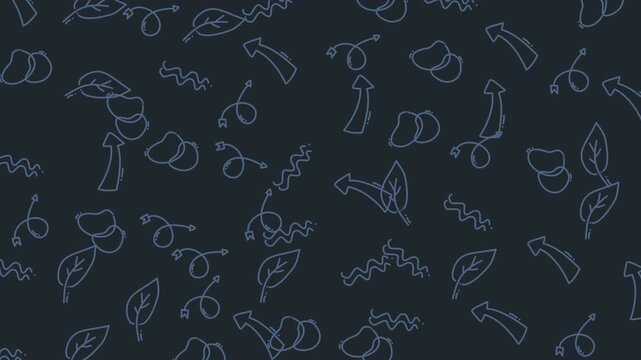 Abstract natureinspired design with leaves, arrows, squiggle lines, and circles. Suitable for backgrounds, textiles, stationery, and print designs.
