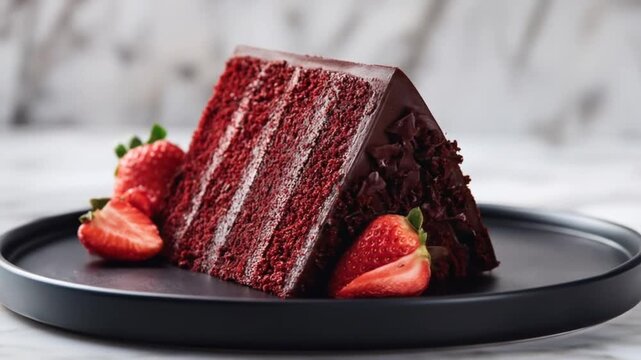 Delicious slice of layered red velvet cake topped with rich chocolate frosting, adorned with fresh vibrant strawberries on a dark plate, showcasing a tempting dessert treat.