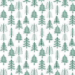 Obraz premium Hand Drawn Seamless Christmas Tree Pattern - Cute Green Doodle Forest Background Vector