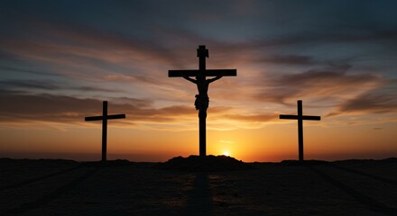 Crucifixion of Jesus Christ at Golgotha Sunset Holy Land Bible Art Redemption Faith