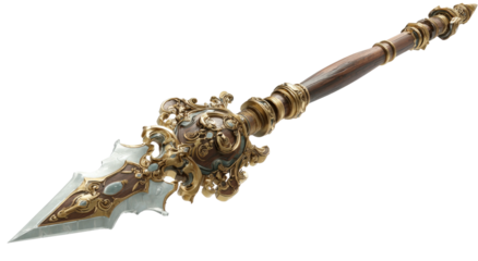 Ornate spear with golden filigree and a wooden handle