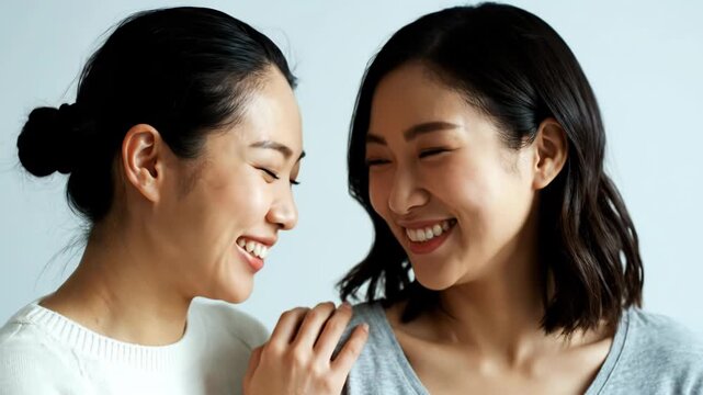 Two smiling asian women looking at each other, sharing a happy moment of friendship and connection vector illustration
