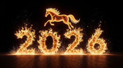 Photorealistic image fiery horse made of flames jumping over burning numbers “2026”, glowing fire sparks, smoke and heat waves, dark black background, cinematic lighting, dramatic contrast
