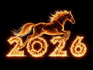 Photorealistic image fiery horse made of flames jumping over burning numbers “2026”, glowing fire sparks, smoke and heat waves, dark black background, cinematic lighting, dramatic contrast