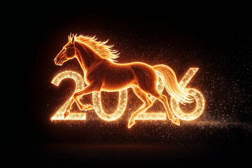 Photorealistic image fiery horse made of flames jumping over burning numbers “2026”, glowing fire sparks, smoke and heat waves, dark black background, cinematic lighting, dramatic contrast