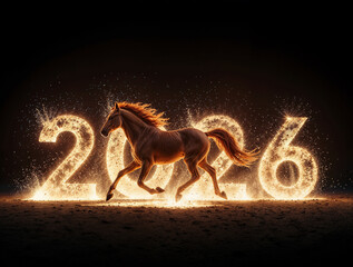 Photorealistic image fiery horse made of flames jumping over burning numbers “2026”, glowing fire sparks, smoke and heat waves, dark black background, cinematic lighting, dramatic contrast