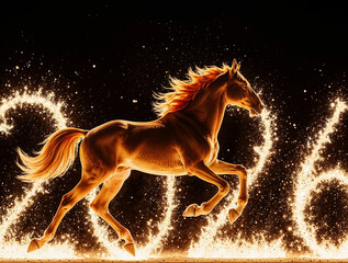 Photorealistic image fiery horse made of flames jumping over burning numbers “2026”, glowing fire sparks, smoke and heat waves, dark black background, cinematic lighting, dramatic contrast