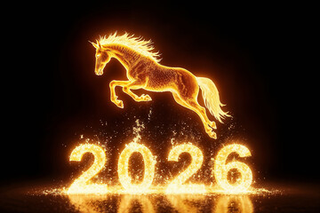 Photorealistic image fiery horse made of flames jumping over burning numbers “2026”, glowing fire sparks, smoke and heat waves, dark black background, cinematic lighting, dramatic contrast
