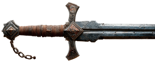 Ornate metal sword with textured grip and chain, dark weathered blade