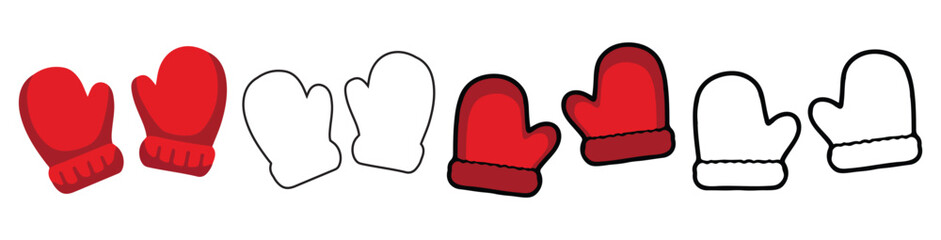 Christmas mittens vector illustration, cute red winter gloves collection, hand drawn holiday clothing icon set, flat minimal festive accessory graphic for xmas and new year seasonal decoration design