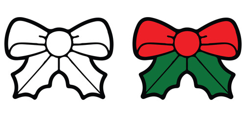Christmas bow ribbon vector illustration, red and green festive decorative element, flat holiday ornament design, elegant gift wrapping bow for xmas celebration, winter seasonal decoration graphic