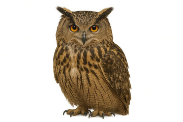 Naklejka premium Eurasian eagle owl standing, looking directly, nocturnal predator, wisdom symbol, wildlife bird with orange eyes