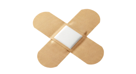Two beige adhesive bandages crossed forming an x shape isolated on transparent background