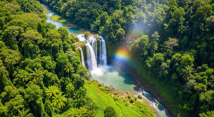 Breathtaking aerial view of cascading waterfalls surrounded by lush green rainforest, with a vibrant rainbow adding a touch of magic to the scenery