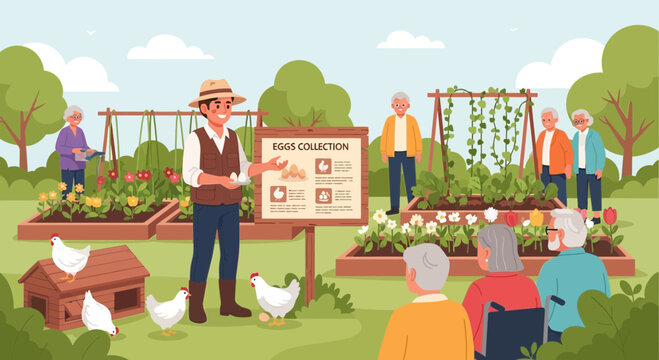 Interactive egg collection workshop for seniors in a community garden setting