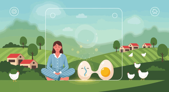 Serene woman meditating with fanciful eggs amidst a peaceful pastoral farmscape