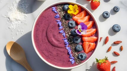 A vibrant smoothie bowl with fresh berries, flowers, and seeds arranged on a white surface