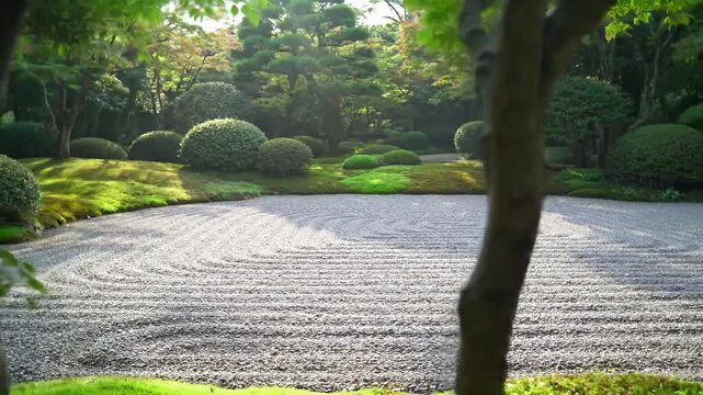 Serene Japanese Zen Garden with Raked Gravel and Lush Greenery Viewed Through a Dark Tree Frame - Peaceful Landscape Scene for Meditation and Relaxation