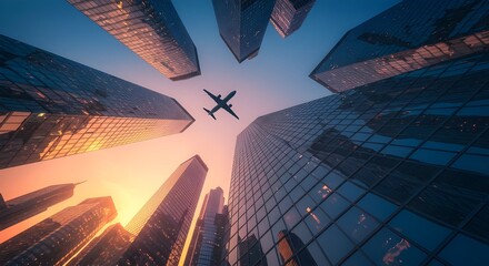 Modern airplane flying above glass skyscrapers in financial district, reflecting city lights and clouds. Futuristic urban skyline and business travel concept.