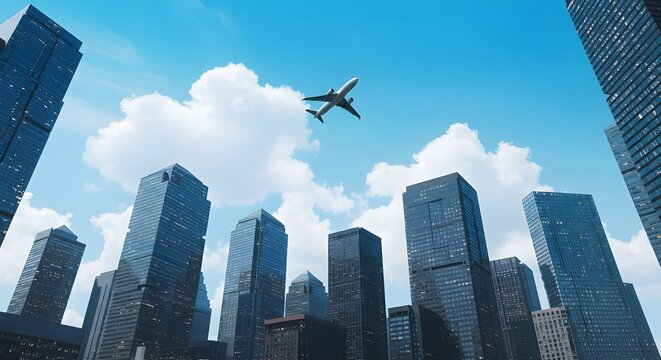 Modern airplane flying above glass skyscrapers in financial district, reflecting city lights and clouds. Futuristic urban skyline and business travel concept. - Powered by Adobe