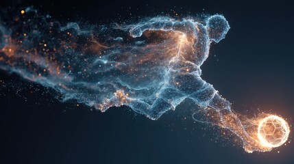 Dynamic energy figure kicking a glowing soccer ball in futuristic digital space with sparkling particle effects
