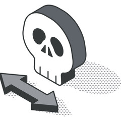 Isometric Skull Symbol with Double Sided Arrow Indicates Danger or Threat in A Stark Black and White Digital Illustration