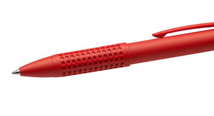 Red ballpoint pen with textured grip, isolated on transparent background