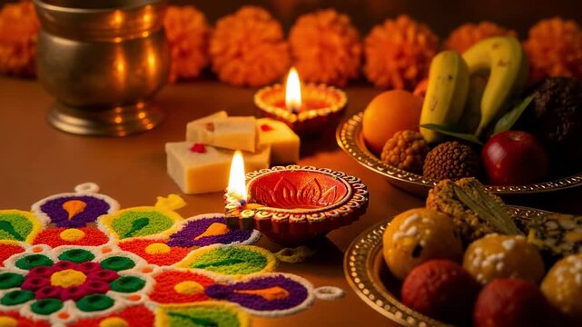 Traditional Indian festival celebration with vibrant rangoli art, glowing diyas, and an assortment of festive sweets and fresh fruits, creating an auspicious atmosphere.