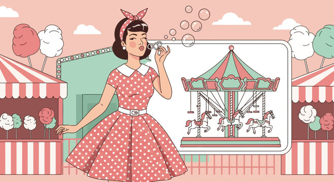 Nostalgic charm: A vintage carnival scene with a girl blowing bubbles evokes fond memories