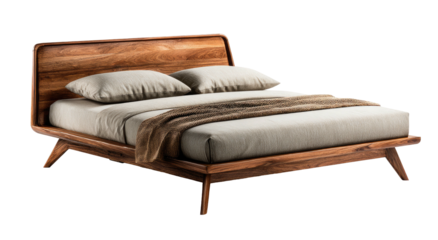 Wooden bed frame, two pillows, blanket, light sheets, dark background