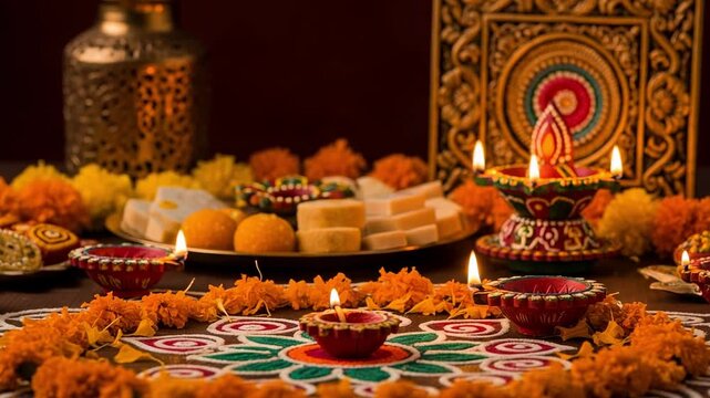 Traditional Indian Festival Celebration with Lit Clay Diyas, Colorful Rangoli, Marigold Flowers, and Delicious Sweets